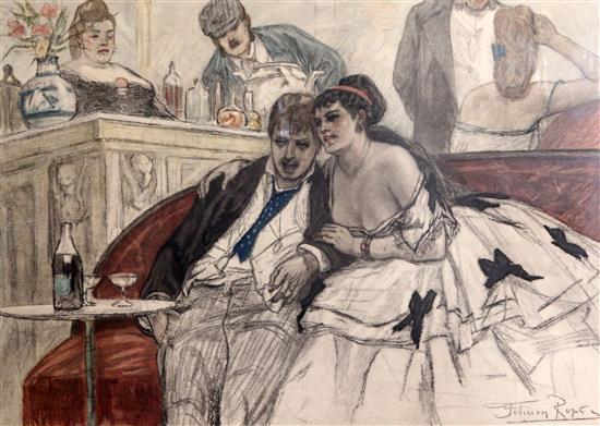 Félicien Rops (Belgian, 1833-1898) Le Gandin Ivre, 13.5 x 18.5in.